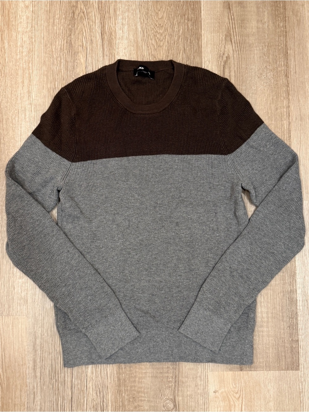 Express Men's Olive and Gray Block Crewneck Sweater